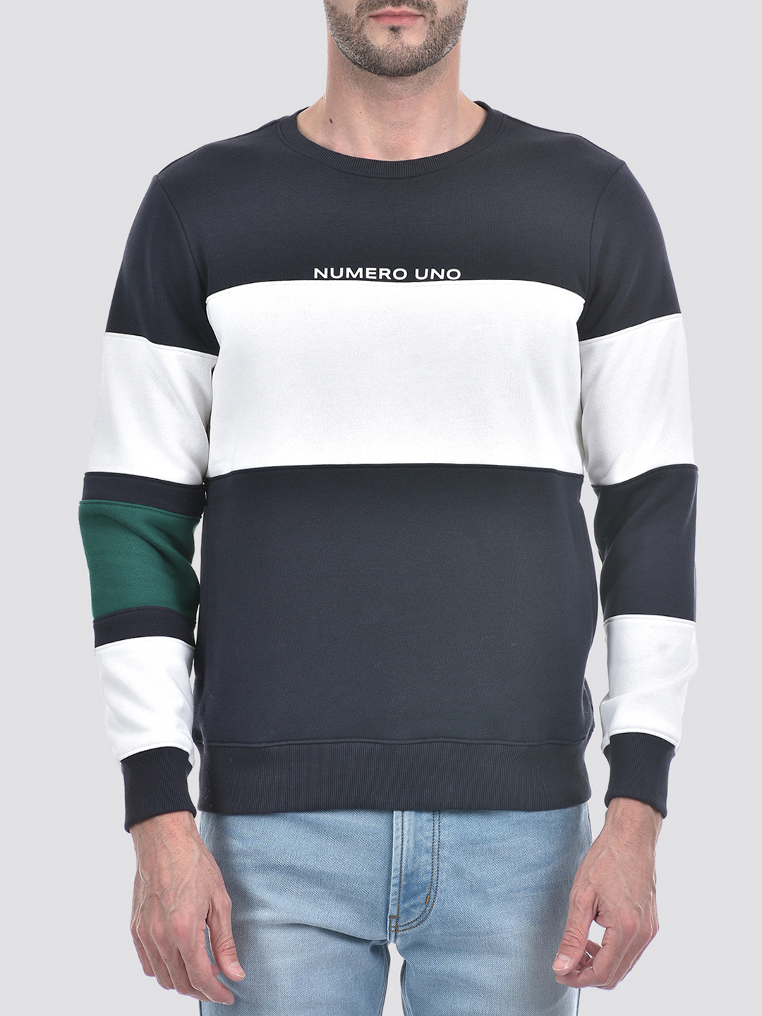 Numero Uno Men Blue Color Block Round Neck Brushed Fleece Sweatshirt